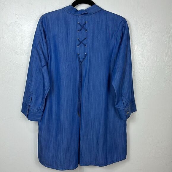 Foxcroft Blue Chambray Hi-Lo Hem 3/4 Sleeve Button Up Shirt Size 14 - Picture 4 of 10